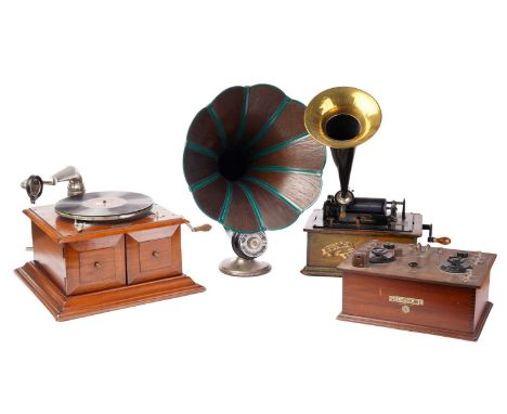 An Edison Standard Phonograph, serial no. S180579, with single cylinder and black metal horn, lacking soundbox, an Amplion AR