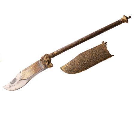 An Indian Bhuj (elephant axe), India Kutch, late 19th century with a gilt copper haft and scabbard and styled with an elephan