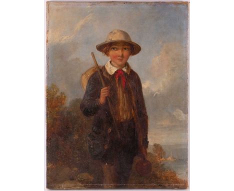 19th century school, a three quarter length portrait of a boy carrying a barrel and a vessel, in a Lakeland landscape, unsign