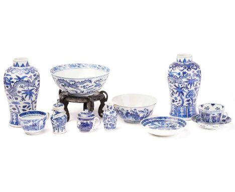 A collection of Chinese blue &amp; white porcelain, Qing, 19th century and later, comprising a dragon bowl with four characte