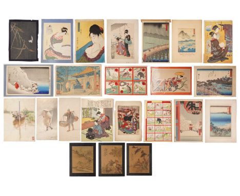 A collection of Japanese woodblock prints including Nirchen in the snow on Sado Island from "Sketches of the life of the grea