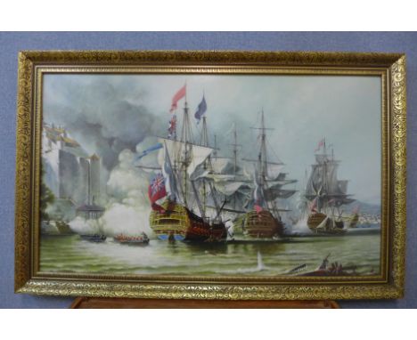 A Naval battle scene print, framed 