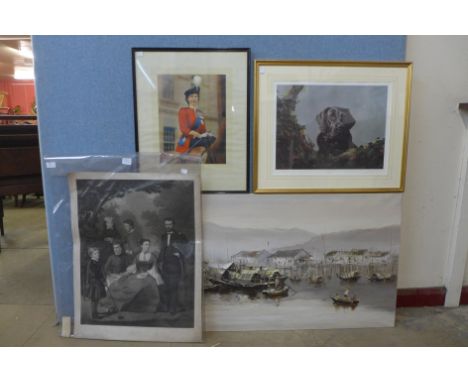 A large oil on canvas, Chinese junks, a print of a black labrador and two others 
