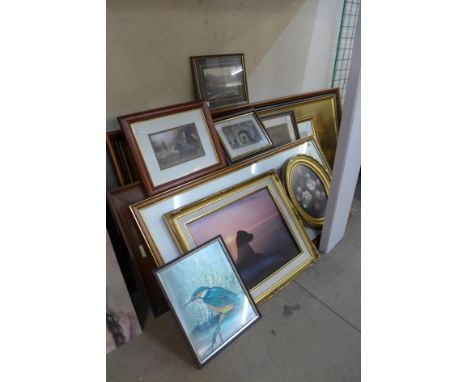 Assorted prints, paintings and a gilt framed mirror 