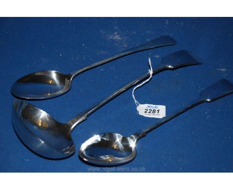 An Elkington A1 plate fiddle handle Soup Ladle, 12" long, plus an fiddle handle stuffing spoon,11" long and a rat tail plated