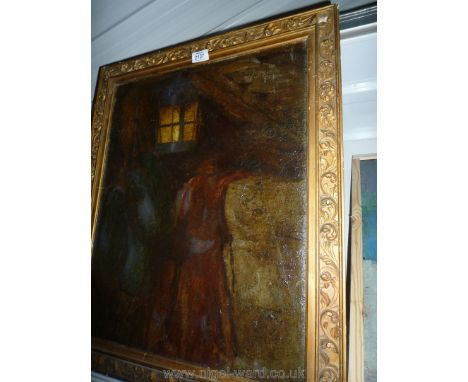 An Oil on board of figures with a lantern light