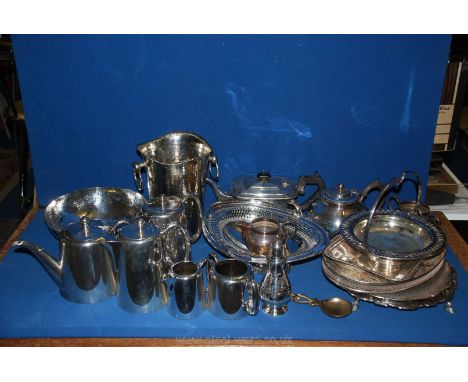 A quantity of silver plate to include ice bucket, Art Deco teapot, bread basket, hors d'oeuvre dish etc.