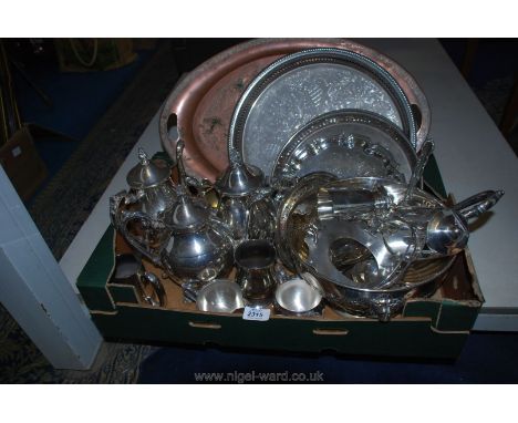 A mixed quantity of silver plated trays, punch bowl, ladle etc.