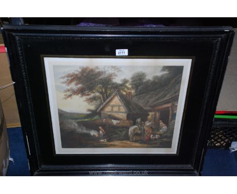A coloured Lithograph with black frame depicting traveller on horseback with figures and dogs, signed in pencil, A.S. Haudfor