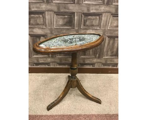 VICTORIAN QUATREFOIL TEAPOT STAND, inset beadwork panel, within a moulded border, adapted as a tripod wine table, 56cm wide