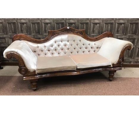 MAHOGANY FRAMED SCROLL END SOFA, the shaped back with floral carved frieze, upholstered button back, arm rests and detachable