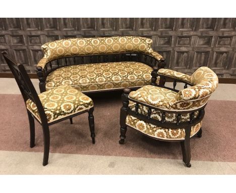 VICTORIAN MAHOGANY SEVEN PIECE PARLOUR SUITE, comprising three seat sofa, pair of bowed tub chairs and four single chairs, up