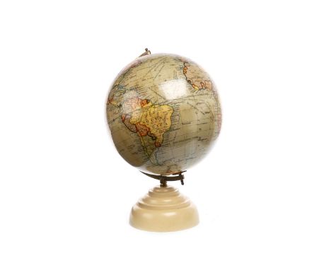 GEOGRAPHICA TERRESTIAL GLOBE, ten inch, brass axis, on stepped base, 37cm high