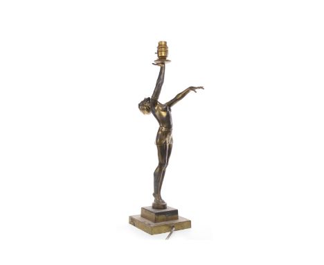 ART DECO GILDED SPELTER LAMP, in the form of a partially clad young lady, her right arm held aloft to support the shade (shad