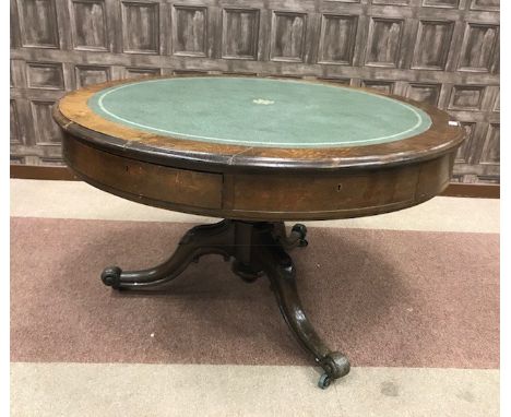 VICTORIAN OAK DRUM LIBRARY TABLE, the top inset green tooled leather writing surface, with two frieze drawers, on a turned an