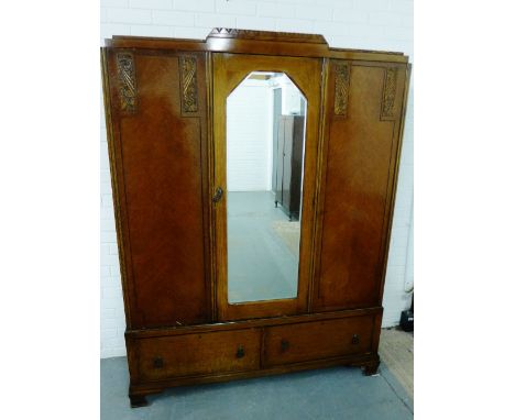 An Art Deco oak mirror door wardrobe, 195 x 148cm 