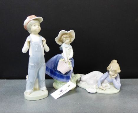 Three Lladro porcelain figures to include a girl and ducks, a boy in dungarees and a girl with a basket of flowers, tallest 2
