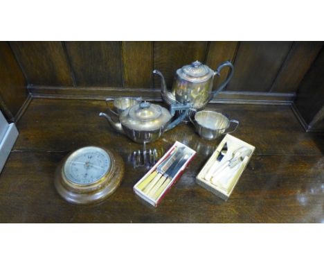 A carton of Epns wares to include teapot, coffee pot, flatwares, toast rack and an oak framed wall barometer, etc (a lot) 
