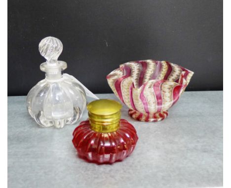 A Venetian glass frilled rim bowl with aventurine inclusions 13.5cm wide, together with a ruby glass and brass mounted inkwel