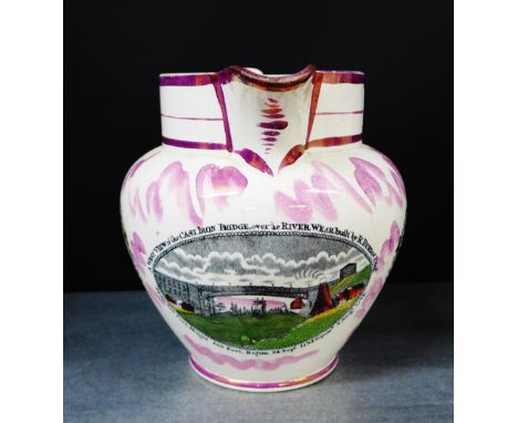 A 19th century lustre jug with a west view of the Cast Iron bridge over the River Wear, built by R. Burden Esq., 18cm high