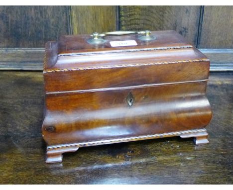 A 19th century mahogany and chequer banded tea caddy, with brass handle to top and with triple section interior, raised on br