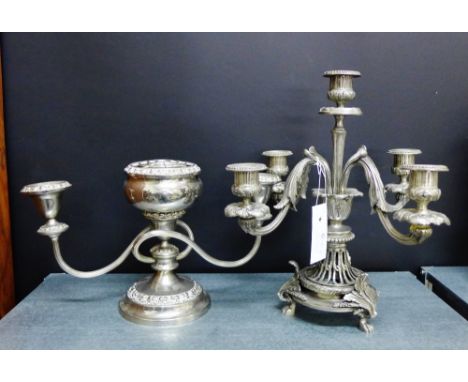 A silver plated candelabra and rose bowl together with a four branch candlestick, tallest 31cm (2) 