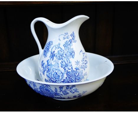 A blue and white Staffordshire Charlotte patterned basin and ewer (2) 