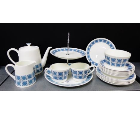 A Royal Tuscan retro 'Charade' patterned tea service comprising teapot, milk jug, sugar bowl, six cups, six saucers, six side