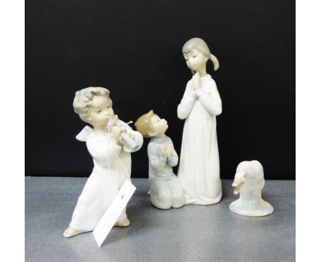 Three Lladro porcelain figures to include a Cherub, a boy and girl modelled kneeling and praying together with a goose, talle