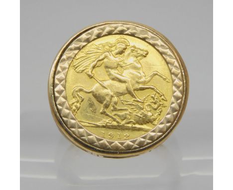 A 1912 gold half sovereign in a 9ct gold ring mount, size P1/2, weight 10.9gms Condition Report:Available upon request