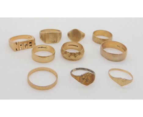 Five 9ct gold wedding bands, a diamond set gent ring, three other gold rings and a gold and silver ring,&nbsp;weight together