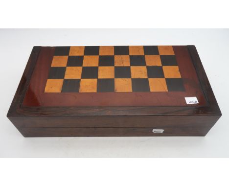 A rosewood chess/backgammon games box, containing bone dominoes, draughts pieces and a London Sights or All Round St. Pauls g