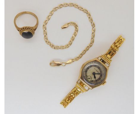 A ladies 9ct Hirco watch on rolled gold strap, together with a smoky quartz set 9ct ring and a Italian 9kt bracelet,&nbsp;wei