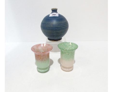 Two Vasart glass vases, one with mica, the aventurine together with an art pottery bulbous form vase, initialled Rh to base C