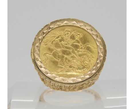 A 1913 gold full sovereign in a 9ct gold ring mount, size P1/2, weight 13.3gms Condition Report:Available upon request