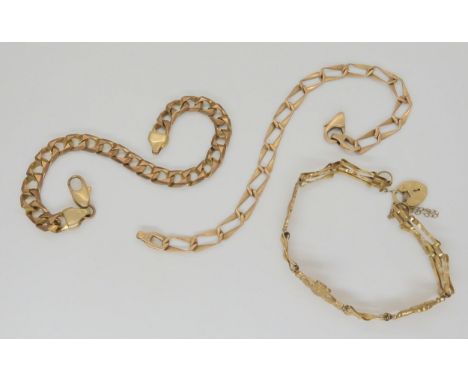 Three 9ct bracelets to include a tight curb link, length 20cm, Claddagh gate bracelet, with heart clasp (af) length approx 17