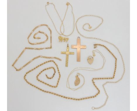 Two 9ct gold crosses, a 9ct heart clasp and other items of gold and yellow metal weight all together 22.1gms (not including g