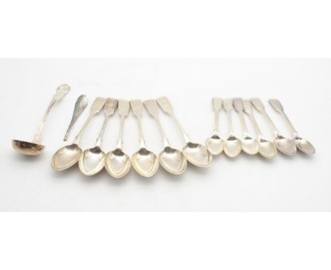 A collection of silver flatware including a set of six silver fiddle pattern dessert spoons, with monogrammed terminals, by R