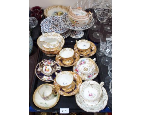 A Spode flower painted cup and saucer, other examples, an antique English ceramic part teaset, pattern no 580, a Newhall styl