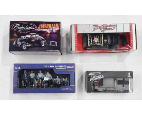 A Road Signature Collection 1923 Ford T-Bucket 1:18 scale model, a Porkchop's Chop Shop Jailbreak! Porkchop 1933 Gasser hot-r