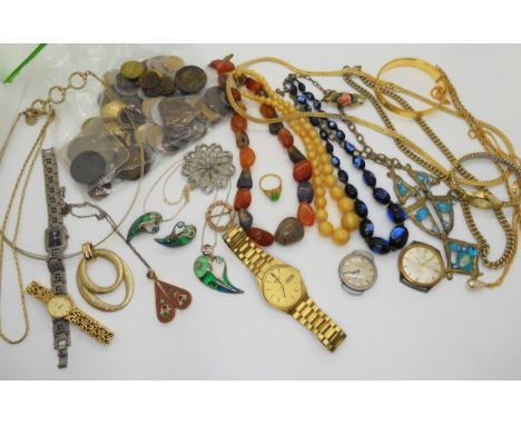 A collection of vintage beads, watches, a micro mosaic pendant and coins Condition Report:Not available for this lot.