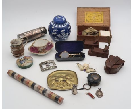 A good mixed lot, to include a leather-cased compass by Barker's, Chester silver miniature chocolate pot/shaker (Cornelius De