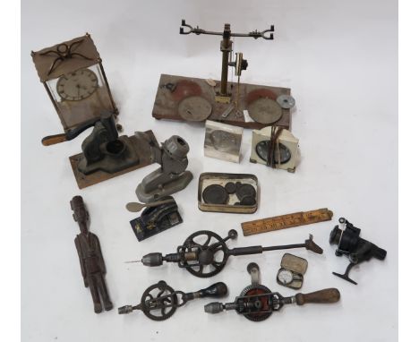 A mixed lot, to include three manual drills, various stamps and punches, scales and weights, retro electric mantle clocks etc