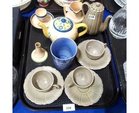 A collection of Ashtead pottery pieces including a 1934 Mitcham charter year mug, glazed in lavender blue, a 1930's coffee po