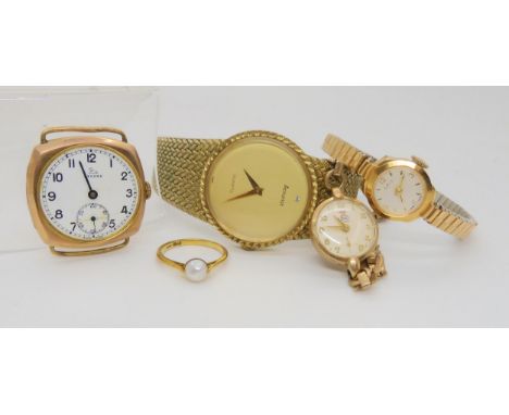 A 9ct Ciro pearl set ring, a 9ct Record watch head, a 9ct Uno ladies watch on bracelet, a ladies Oris watch and a gold plated