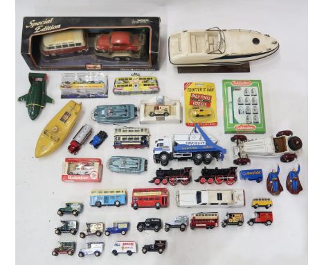 Various model vehicles, to include Corgi, Lledo, Days Gone, a Sutcliffe tin plate boat, Subbuteo Morton Kilmarnock boxed foot