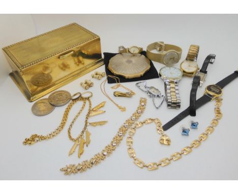 A vintage Sekonda 18 jewels shock proof watch, a Swatch watch, two stanhopes, a compact and other items in a brass bound ciga