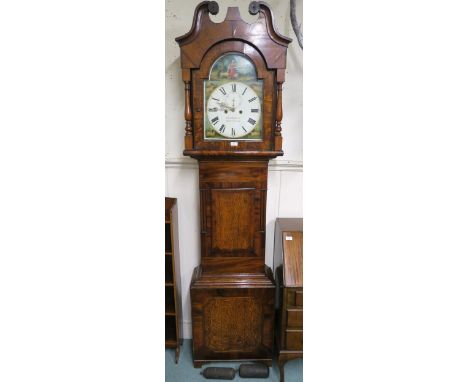 A 19th century oak cased Couldwell Deep-Coull grandfather clock with painted face depicting shepherdess with her flock, white