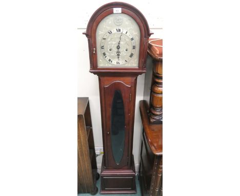 A 20th century mahogany cased Tempus Fugit grandmother clock with silvered face bearing Roman numerals, 162cm high x 37cm wid