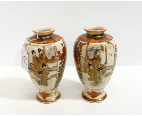 A pair of Satsuma vases, decorated with a landscape scene with chrysanthemums with a panel of geishas in an interior Conditio